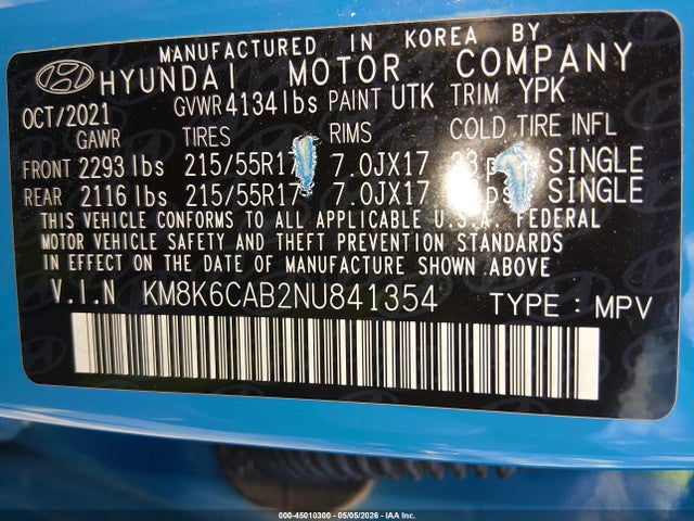 2022 Hyundai Kona Sel მანქანა იყიდება აუქციონზე, vin: KM8K6CAB2NU841354, აუქციონის ნომერი: 45010300