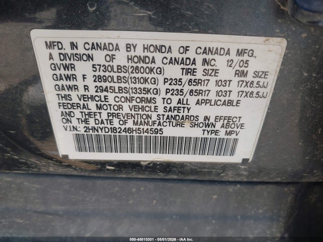 Продажа на аукционе авто 2006 Acura Mdx, vin: 2HNYD18246H514595, номер лота: 45010301