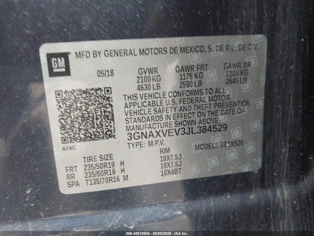 Aukcja sprzedaży 2018 Chevrolet Equinox Premier, vin: 3GNAXVEV3JL384529, numer aukcji: 45010304