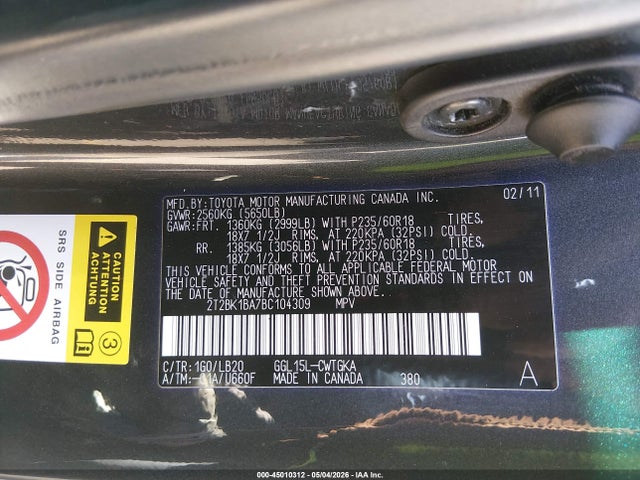 Aukcja sprzedaży 2011 Lexus Rx 350, vin: 2T2BK1BA7BC104309, numer aukcji: 45010312
