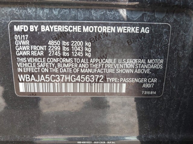 45010321 :رقم المزاد ، WBAJA5C37HG456372 vin ، 2017 Bmw 530i مزاد بيع