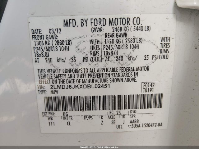 2013 Lincoln Mkx მანქანა იყიდება აუქციონზე, vin: 2LMDJ6JKXDBL02451, აუქციონის ნომერი: 45010327