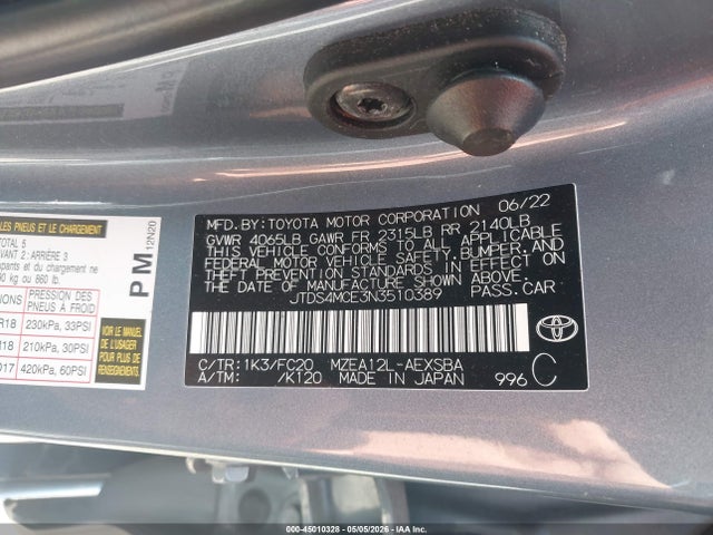 45010328 :رقم المزاد ، JTDS4MCE3N3510389 vin ، 2022 Toyota Corolla Se مزاد بيع