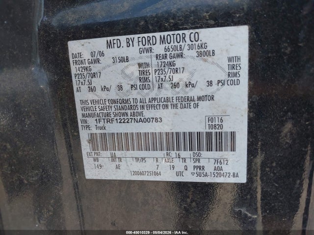 Aukcja sprzedaży 2007 Ford F-150 Stx/xl/xlt, vin: 1FTRF12227NA00783, numer aukcji: 45010329