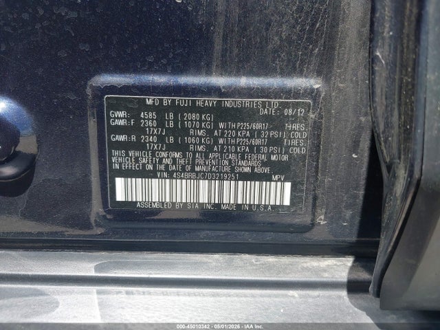 Aukcja sprzedaży 2013 Subaru Outback 2.5i Limited, vin: 4S4BRBJC7D3219251, numer aukcji: 45010342