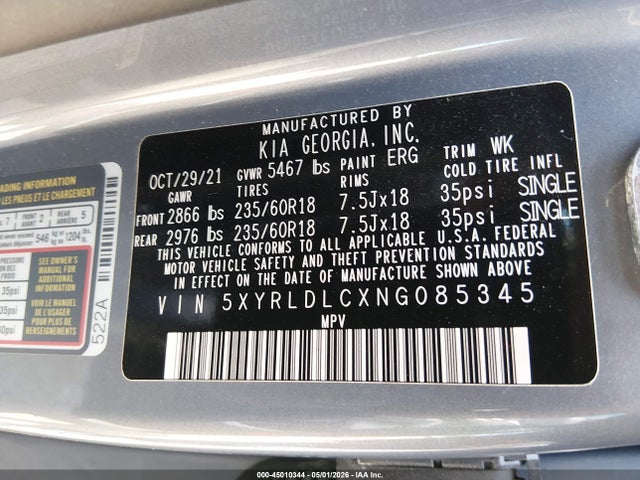 Продажа на аукционе авто 2022 Kia Sorento X-line S, vin: 5XYRLDLCXNG085345, номер лота: 45010344