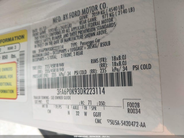 Продаж на аукціоні авто 2013 Ford Fusion Titanium, vin: 3FA6P0K93DR223114, номер лоту: 45010345