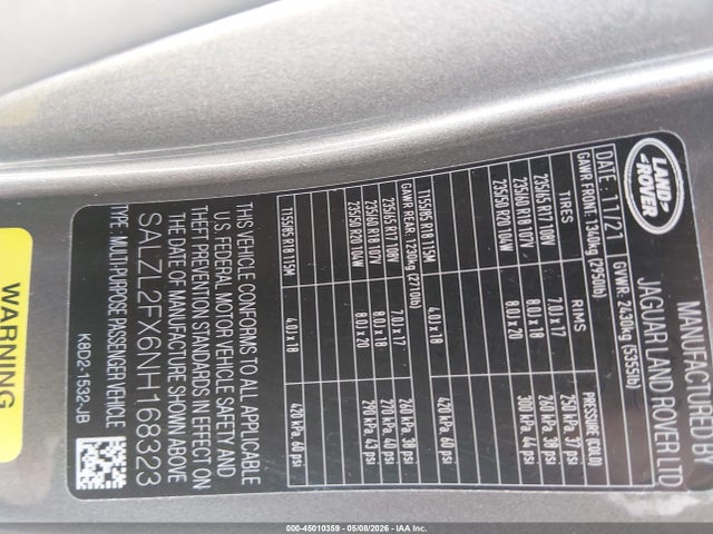 2022 Land Rover Range Rover Evoque R-dynamic Se მანქანა იყიდება აუქციონზე, vin: SALZL2FX6NH168323, აუქციონის ნომერი: 45010359
