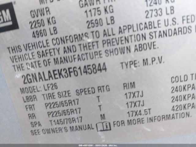Aukcja sprzedaży 2015 Chevrolet Equinox Ls, vin: 2GNALAEK3F6145844, numer aukcji: 45010361