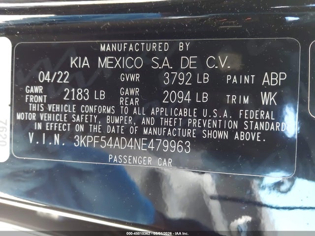 45010362 :رقم المزاد ، 3KPF54AD4NE479963 vin ، 2022 Kia Forte Gt-line مزاد بيع