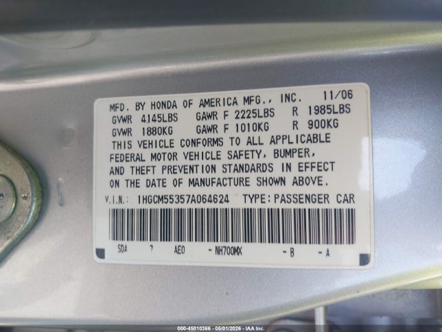 Продаж на аукціоні авто 2007 Honda Accord 2.4 Se, vin: 1HGCM55357A064624, номер лоту: 45010366