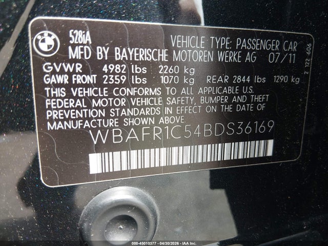 Продаж на аукціоні авто 2011 Bmw 528i, vin: WBAFR1C54BDS36169, номер лоту: 45010377