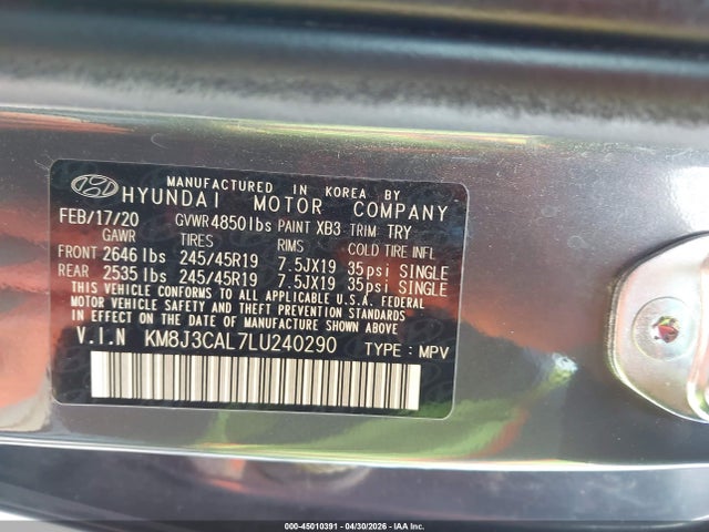 Продажа на аукционе авто 2020 Hyundai Tucson Sport, vin: KM8J3CAL7LU240290, номер лота: 45010391