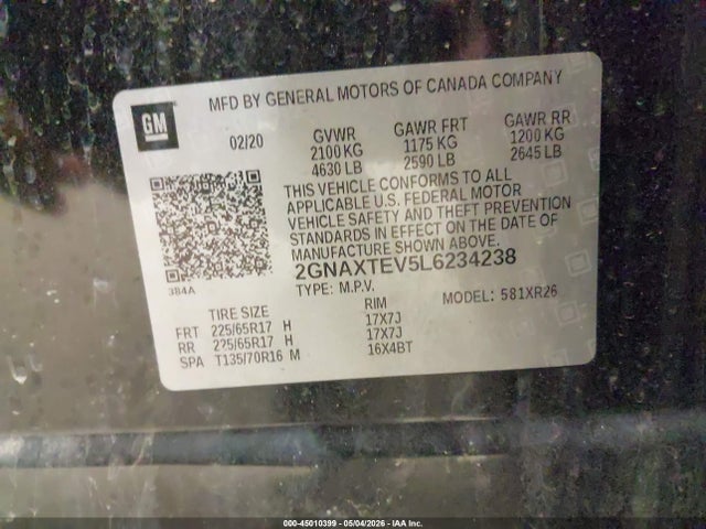45010399 :رقم المزاد ، 2GNAXTEV5L6234238 vin ، 2020 Chevrolet Equinox Awd 2fl مزاد بيع