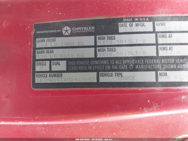 Aukcja sprzedaży 1987 Dodge W-series W100, vin: 1B7HW04TXHS465603, numer aukcji: 45010400