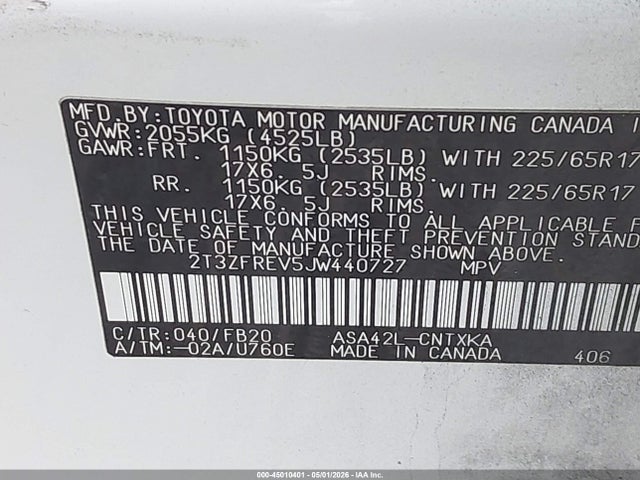 Aukcja sprzedaży 2018 Toyota Rav4 Le, vin: 2T3ZFREV5JW440727, numer aukcji: 45010401