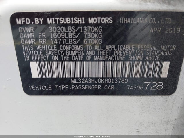 Продаж на аукціоні авто 2019 Mitsubishi Mirage Es/rf, vin: ML32A3HJ0KH013780, номер лоту: 45010414