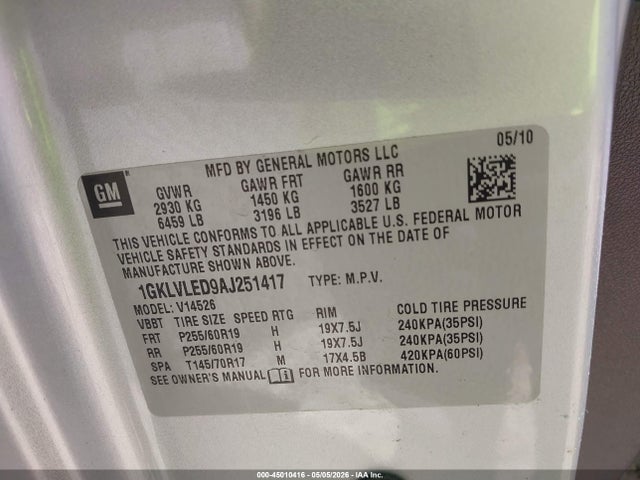 45010416 :رقم المزاد ، 1GKLVLED9AJ251417 vin ، 2010 Gmc Acadia Sle مزاد بيع