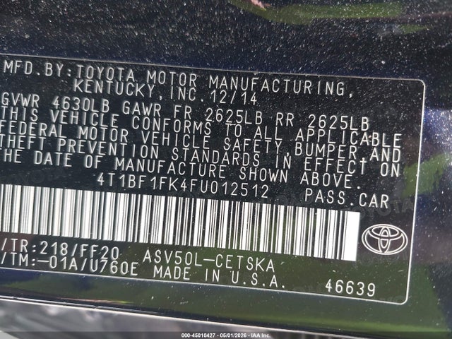 Продаж на аукціоні авто 2015 Toyota Camry Se, vin: 4T1BF1FK4FU012512, номер лоту: 45010427