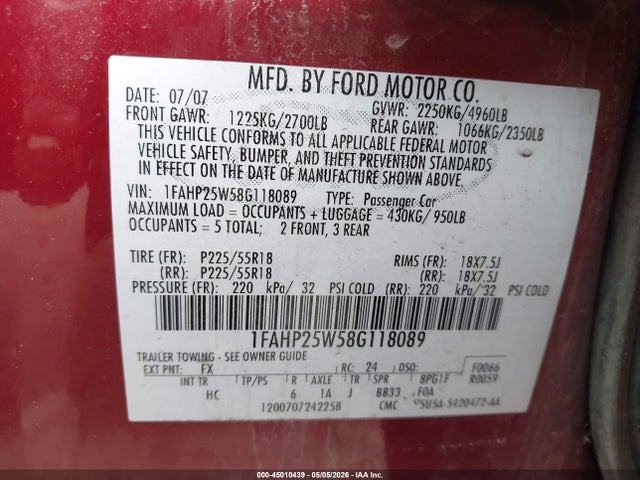 Продаж на аукціоні авто 2008 Ford Taurus Limited, vin: 1FAHP25W58G118089, номер лоту: 45010439
