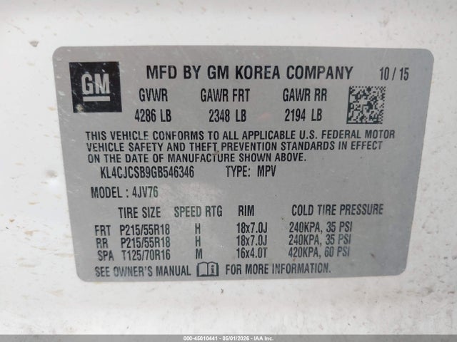Продажа на аукционе авто 2016 Buick Encore Leather, vin: KL4CJCSB9GB546346, номер лота: 45010441