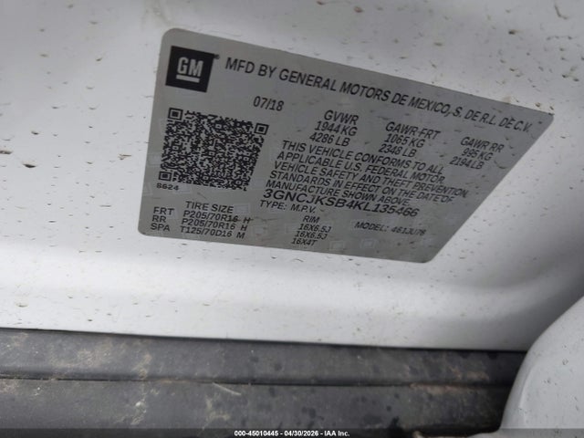 Продаж на аукціоні авто 2019 Chevrolet Trax Ls, vin: 3GNCJKSB4KL135466, номер лоту: 45010445