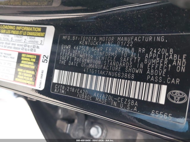 45010450 :رقم المزاد ، 4T1G11AK7NU663868 vin ، 2022 Toyota Camry Se مزاد بيع