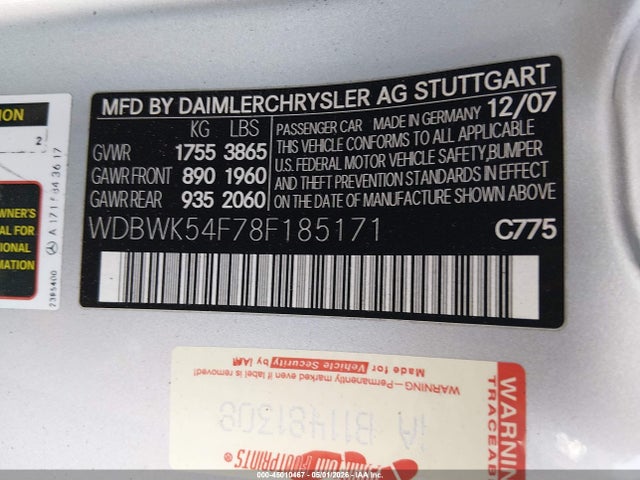 Продаж на аукціоні авто 2008 Mercedes-benz Slk 280, vin: WDBWK54F78F185171, номер лоту: 45010467