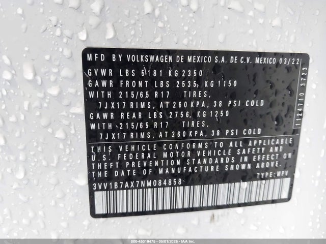 3VV1B7AX7NM084858 Volkswagen Tiguan 2.0t S