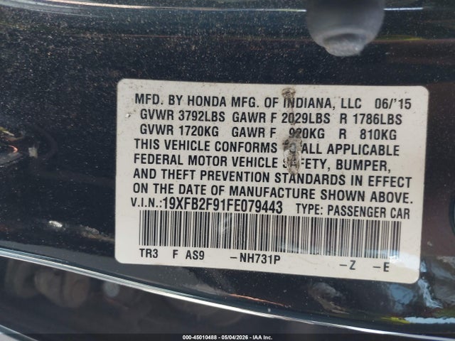 Продаж на аукціоні авто 2015 Honda Civic Ex-l, vin: 19XFB2F91FE079443, номер лоту: 45010488