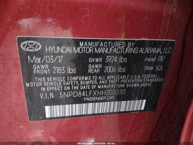 45010490 :رقم المزاد ، 5NPD84LFXHH200030 vin ، 2017 Hyundai Elantra Value Edition مزاد بيع