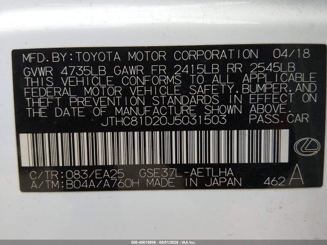Продаж на аукціоні авто 2018 Lexus Is 300, vin: JTHC81D20J5031503, номер лоту: 45010506
