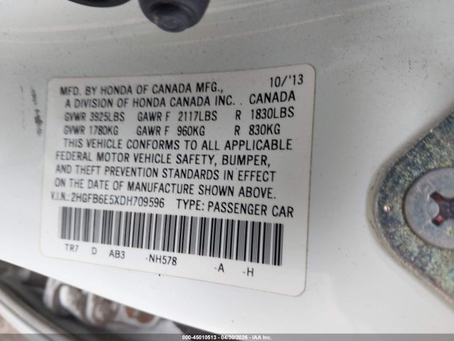 45010513 :رقم المزاد ، 2HGFB6E5XDH709596 vin ، 2013 Honda Civic Si مزاد بيع