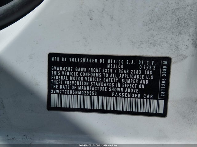 Aukcja sprzedaży 2022 Volkswagen Jetta Gli 2.0t Autobahn, vin: 3VW2T7BU5NM029553, numer aukcji: 45010517