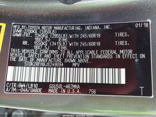Auction sale of the 2018 Toyota Highlander Xle, vin: 5TDKZRFH8JS249094, lot number: 45010531