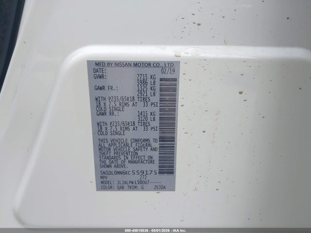 Продаж на аукціоні авто 2019 Infiniti Qx60 Pure, vin: 5N1DL0MN6KC559175, номер лоту: 45010536