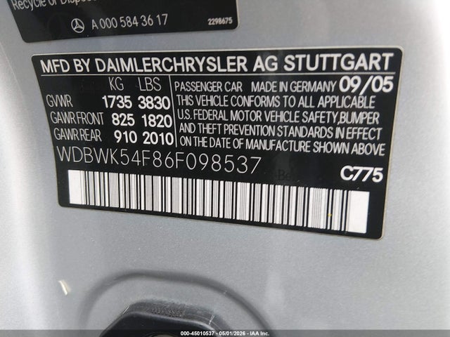 45010537 :رقم المزاد ، WDBWK54F86F098537 vin ، 2006 Mercedes-benz Slk 280 مزاد بيع