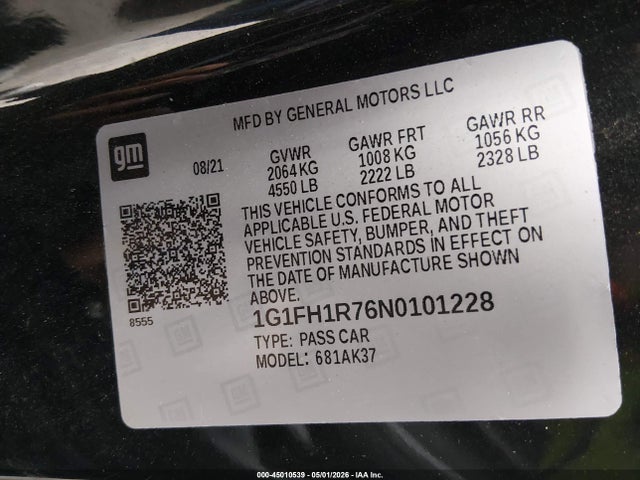 Aukcja sprzedaży 2022 Chevrolet Camaro Rwd  2ss, vin: 1G1FH1R76N0101228, numer aukcji: 45010539