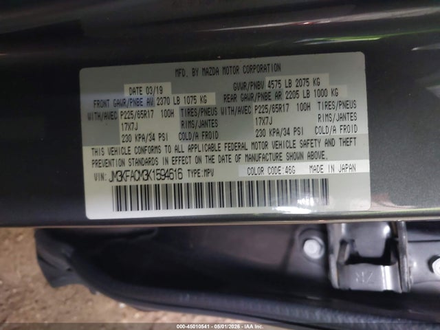 Aukcja sprzedaży 2019 Mazda Cx-5 Touring, vin: JM3KFACM3K1594616, numer aukcji: 45010541