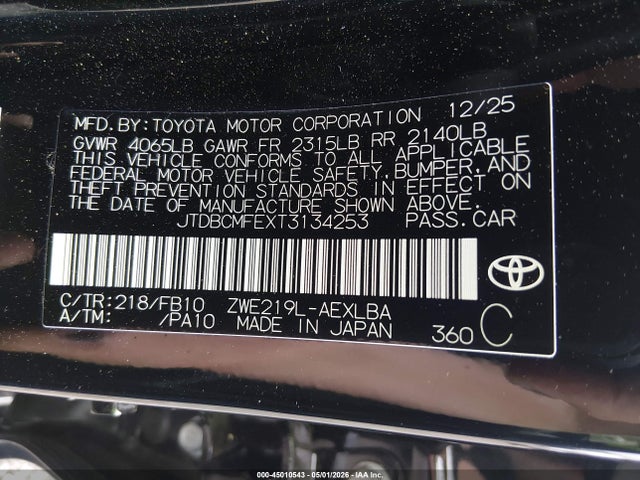 Aukcja sprzedaży 2026 Toyota Corolla Hybrid Hybrid Le, vin: JTDBCMFEXT3134253, numer aukcji: 45010543
