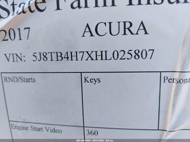45010545 :رقم المزاد ، 5J8TB4H7XHL025807 vin ، 2017 Acura Rdx Advance Package مزاد بيع