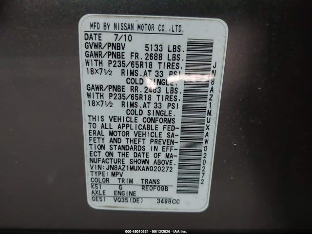 Продаж на аукціоні авто 2010 Nissan Murano Sl, vin: JN8AZ1MUXAW020272, номер лоту: 45010551