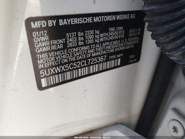Aukcja sprzedaży 2012 Bmw X3 Xdrive28i, vin: 5UXWX5C52CL725367, numer aukcji: 45010553