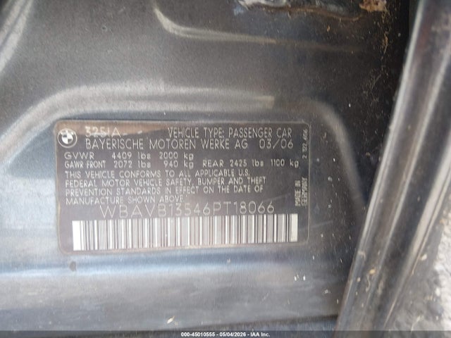Продаж на аукціоні авто 2006 Bmw 325i, vin: WBAVB13546PT18066, номер лоту: 45010555