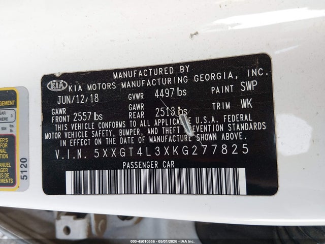 Aukcja sprzedaży 2019 Kia Optima Lx, vin: 5XXGT4L3XKG277825, numer aukcji: 45010556