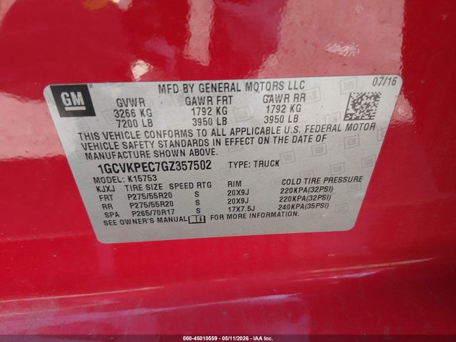 Aukcja sprzedaży 2016 Chevrolet Silverado 1500 Custom, vin: 1GCVKPEC7GZ357502, numer aukcji: 45010559