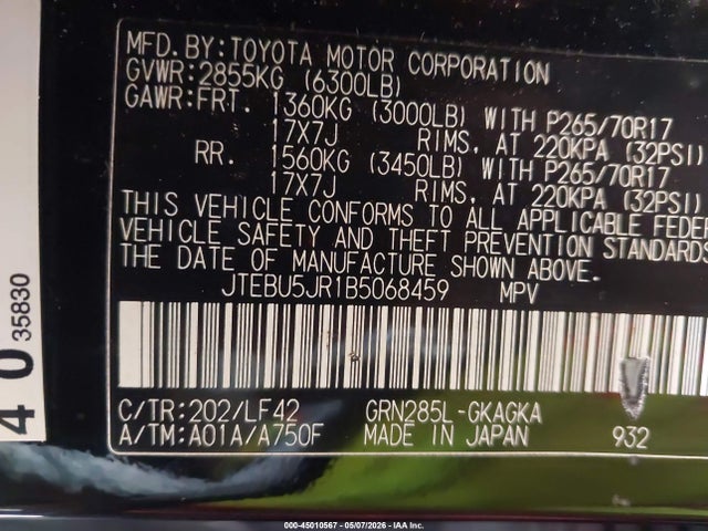 Продажа на аукционе авто 2011 Toyota 4runner Sr5 V6, vin: JTEBU5JR1B5068459, номер лота: 45010567