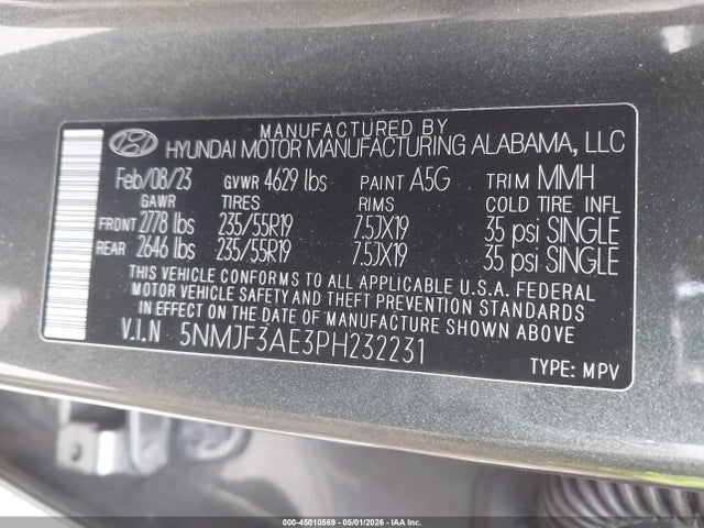 Aukcja sprzedaży 2023 Hyundai Tucson Sel, vin: 5NMJF3AE3PH232231, numer aukcji: 45010569