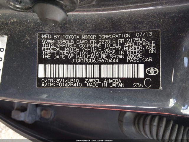 Aukcja sprzedaży 2013 Toyota Prius Four, vin: JTDKN3DU6D5670444, numer aukcji: 45010574