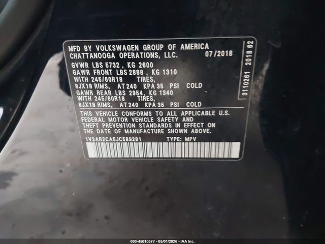 Aukcja sprzedaży 2018 Volkswagen Atlas 3.6l V6 S, vin: 1V2AR2CA5JC589281, numer aukcji: 45010577